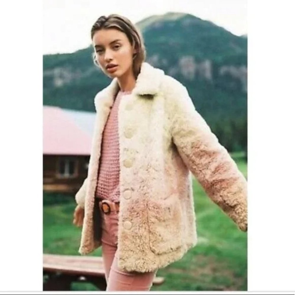 Anthropologie Ombre Faux Fur Pale Pink and Cream Botton Front Jacket Size XS